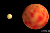 This artist’s illustration compares the sizes of the sun and a red giant star. The red giant has more than 5 solar radii.