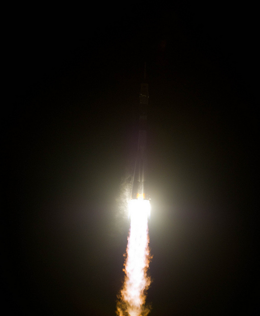 The Soyuz TMA-03M rocket launches from the Baikonur Cosmodrome in Kazakhstan on Wednesday, Dec. 21, 2011 carrying Expedition 30 Soyuz Commander Oleg Kononenko of Russia, NASA Flight Engineer Don Pettit and ESA (European Space Agency) astronaut and Flight Engineer Andre Kuipers to the International Space Station.