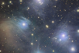 Pleiades Star Cluster: Multiple exposures are made to collect enough light for an image that would otherwise not be evident to the eye.
