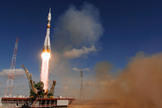 The Soyuz TMA-13 spacecraft launches from the Baikonur Cosmodrome in Kazakhstan on Oct. 12, 2008 carrying a new crew to the International Space Station (ISS).