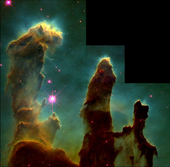 This 1995 Hubble Space Telescope image of the 'Pillars of Creation' is probably the most famous astronomical image of the 20th Century. Taken in visible light using a combination of SII/H-alpha and OIII filters, it shows a part of the Eagle Nebula where new stars are forming. The tallest pillar is around 4 light-years high.