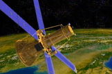 An artist's representation of RHESSI. Flying up above Earth's radiation-blocking atmosphere, the spacecraft can observe X-rays and gamma rays from the sun to study solar flares.