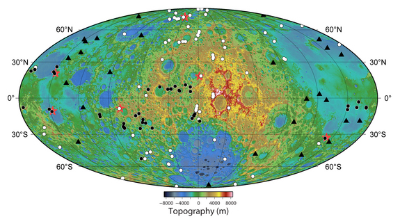 Locations of newly discovered young graben (red stars) — trenchlike scars — on the moon along with recently detected (white dots) and previously known (black dots) contractional lobate scarps. The newfound graben are widely distributed and located near lobate scarps. The locations of 26 shallow moonquakes recorded by the Apollo seismic network with stations at the Apollo 12, 14, 15, and 16 landing sites are shown by the (black triangles).
