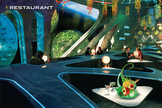We imagine the restaurant has gravity, to prevent chaos. “A big turnoff for most people in space is cold interiors,” says Frey. “They don’t find the Star Wars look inviting.” These interiors are warm and elegant.