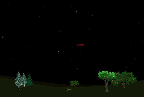 This sky map shows the position of Mars is inthe eastern sky at 8 p.m. local time on Feb. 25, 2012 to skywatchers in mid-northern latitudes.