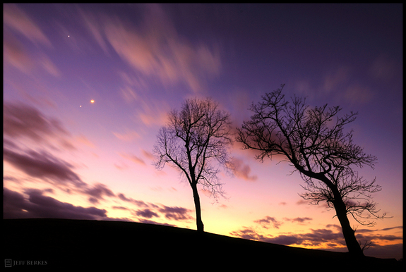 Skywatcher Jeff Berkes took this image of Jupiter, Venus, and the moon with a dramatic skyscape and foreground trees in West Chester, PA, Feb. 26, 2012.