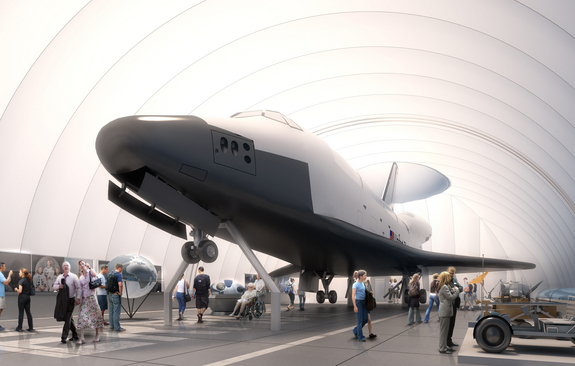 Conceptual rendering of space shuttle Enterprise as it will be displayed on the flight deck of the Intrepid Sea, Air & Space Museum in the summer of 2012.