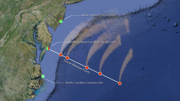 The red dots over the water show where the five rockets of NASA's ATREX mission will deploy chemical tracers to watch how super-fast winds move some 60 miles up in the atmosphere. Three cameras at different sites will track the cloud tracers.