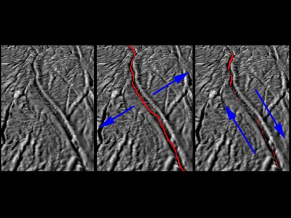 These images, based on ones obtained by NASA's Cassini spacecraft, show how the pull of Saturn's gravity can deform the surface of Saturn's moon Enceladus in the south polar region crisscrossed by fissures known as "tiger stripes."