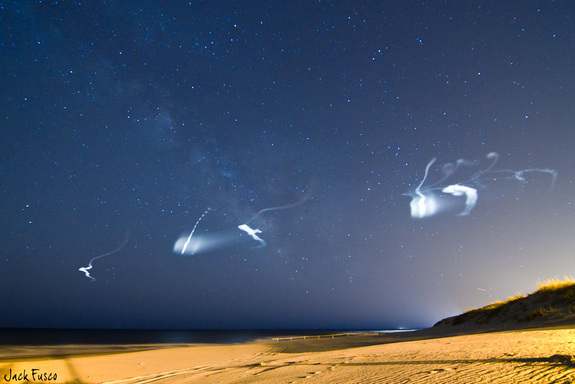 Skywatcher and photographer Jack Fusco snapped this photo of the glowing clouds created by NASA's five-rocket ATREX launch from Seaside Park, N.J. (north of the rockets' Virginia launch site) on March 27, 2012.