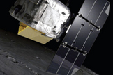 Artist’s rendition of NASA’s Lunar Reconnaissance Orbiter over the lunar surface, with the Mini-RF antenna attached to its moon-facing panel.