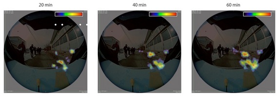 A series of camera images shows radioactive particles over time at a village near the Fukushima nuclear facility.