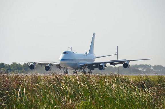 NASA's modified Boeing 747 Shuttle Carrier Aircraft lands at the Kennedy Space Center in Florida on April 10, 2012.