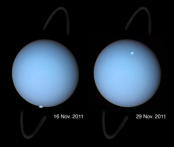 These composite images show Uranus auroras, which scientists caught glimpses of through the Hubble Space Telescope in 2011. The image was released on April 13, 2012.