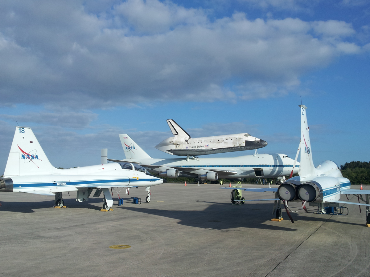 Discovery Aboard Shuttle Carrier Aircraft