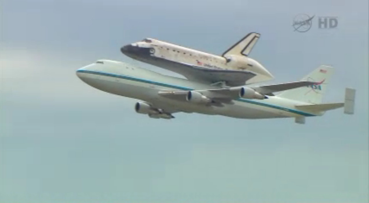 Shuttle Carrier Aircraft Carrying Discovery in Flight