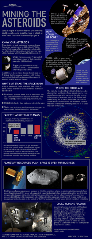Planetary Resources is one of several private companies hoping to mine the precious metals and water ice from asteroids. <a href="http://www.space.com/15391-asteroid-mining-space-planetary-resources-infographic.html">See how asteroid mining could work in our full infographic here</a>.