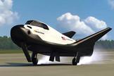 An artist's depiction of the Dream Chaser vehicle landing on a conventional runway at the end of its mission.