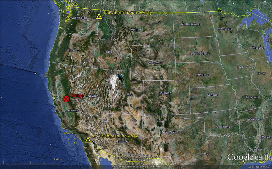 Map of Daytime Fireball over California & Nevada