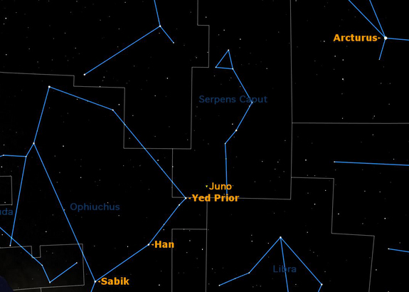 A rare opportunity to spot the asteroid Juno at magnitude 9.8 on May 20, 2012.