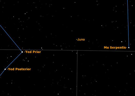 A rare opportunity to spot the asteroid Juno at magnitude 9.8 on May 20, 2012.