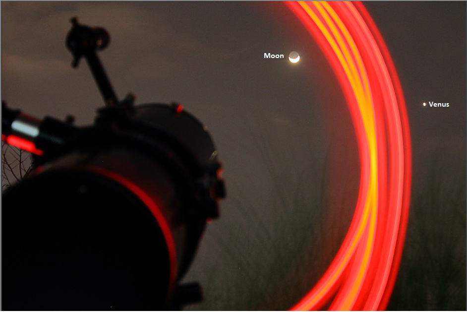 Venus and the Crescent Moon and Light Trails