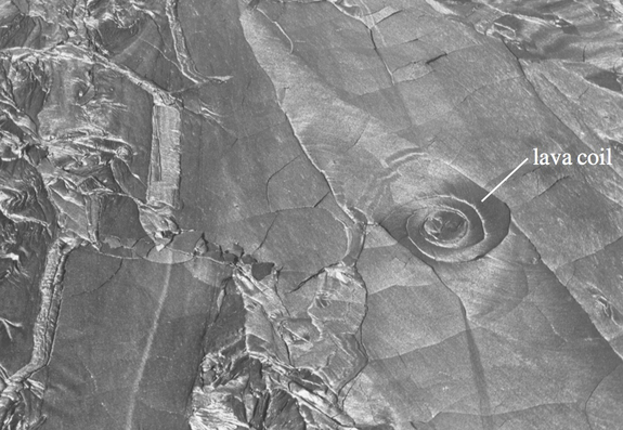 Lava coil (10 meter diameter) on the surface of the 1974 Hawaiian pahoehoe lava flow.