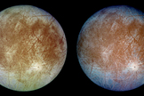 These images show the trailing hemisphere of Jupiter's moon Europa taken by the Galileo spacecraft at a distance of about 677,000 km. The left image shows Europa in approximately true color and the right image shows Europa in enhanced color to bring out details. The bright feature towards the lower right of the disk is the 45 km diameter crater Pwyll.