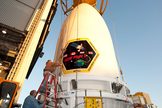 The Advanced Extremely High Frequency 2 satellite, AEHF 2, is shown encapsulated in its nose cone fairing just before being mated to its Atlas 5 rocket ahead of a May 2012 launch from Cape Canaveral Air Force Station in Florida.