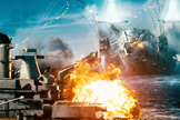 Invaders attack a naval ship in "Battleship."