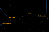 A more detailed view of the asteroid Juno, half way between Yed Prior in Ophiuchus and Mu Serpentis.
