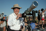 Imelda Joson endured the desert heat to document the Moon’s passage across the sun with her portable Takahashi FC-60 telescope fitted with a Thousand Oaks metal-coated glass filter.