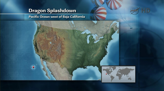 A map shows where Dragon was expected to splashdown in the Pacific Ocean on May 31, 2012.