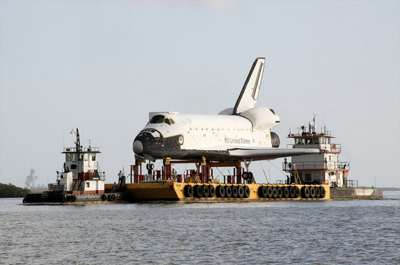 The barge transporting the high-fidelity space shuttle model began its journey from NASA’s Kennedy Space Center in Florida to Space Center Houston, Johnson Space Center's visitor center in Texas, on May 24, 2012