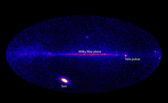 This image from Fermi's Large Area Telescope (LAT) shows how the entire sky looked on March 7, 2012 in the light of gamma rays with energies beyond 100 million electron volts (MeV). While the Vela pulsar is the brightest continuous LAT source, it was outmatched this day by the X5.4 solar flare, which brightened the gamma-ray sun by 1,000 times.