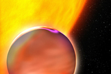 This artist's rendition of a planet larger than Jupiter reveals its close proximity to its parent star, which puts it in range of violent solar flares that dramatically increase the temperature of its outer atmosphere.