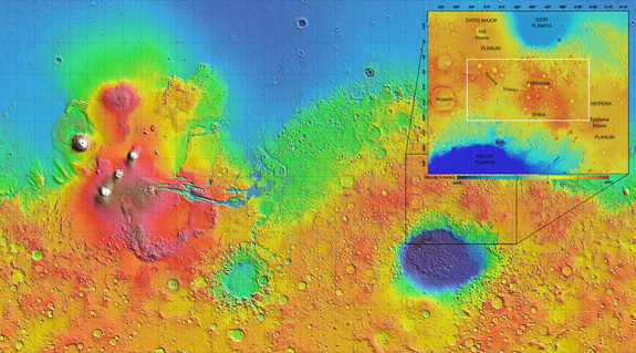 The 621-mile by 1,240-mile (1,000 by 2,000-kilometer) region of Tyrrhena Terra (outlined by the white box in the inset) sits between two regions of low altitude in Mars' southern hemisphere, as shown in this global topography map. Hydrated minerals were found in 175 locations associated with impact craters in Tyrrhena Terra.