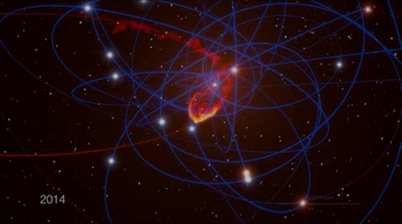 This still from a computer animation shows a simulation of a giant space cloud falling into Sagittarius A*, the supermassive black hole at the center of our own Milky Way galaxy, in mid-2013. Image added on July 2, 2012.