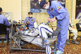 At the Baikonur Cosmodrome in Kazakhstan, Expedition 32 Flight Engineer Sunita Williams participates in a leak check of her Russian launch and entry suit July 3, 2012 as part of the suited "fit check" of the Soyuz TMA-05M spacecraft.