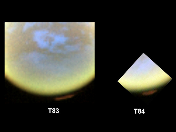 False-color images from NASA's Cassini spacecraft show the development of a hood of high-altitude haze - which appears orange in this image -- forming over the south pole of Saturn's moon Titan.