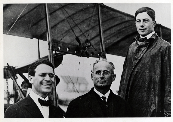 Percival Elliott Fansler, Abram C. Pheil, and Tony Jannus pose before the inaugural flight of the St. Petersburg-Tampa Airboat Line — the world's first airline.