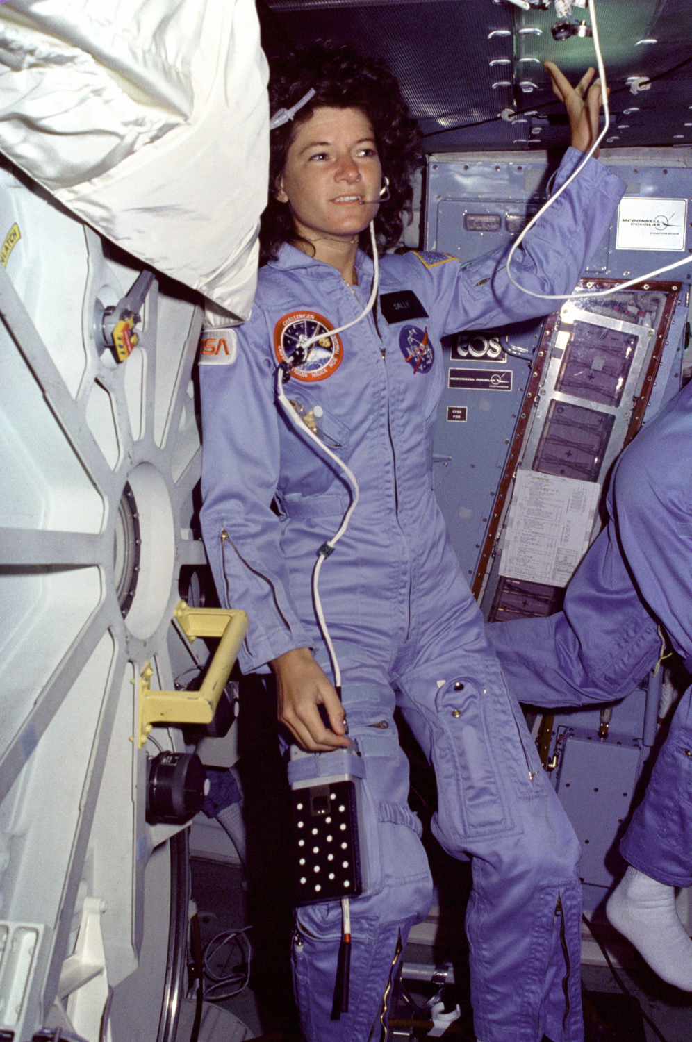 Sally Ride on Shuttle Challenger's Middeck on STS-7 Mission