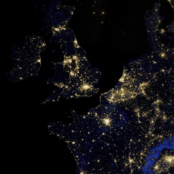 In this image, taken by the Suomi NPP satellite on March 27, 2012,the lights in the Irish Sea and the North Sea are likely a blend of fishing vessels and flares from offshore oil and gas platforms.