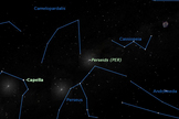 The Perseid meteors appear to radiate from a point between the constellations Perseus and Cassiopeia, in the northeastern section of the sky. The 2012 Perseid meteor shower display peaks on Aug. 12.