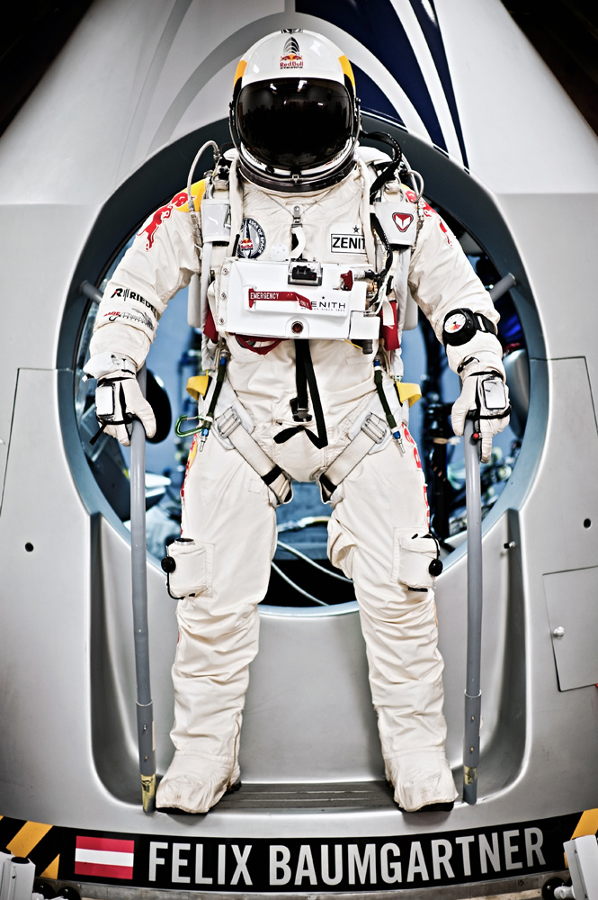 Baumgartner Stands on Red Bull Stratos Capsule