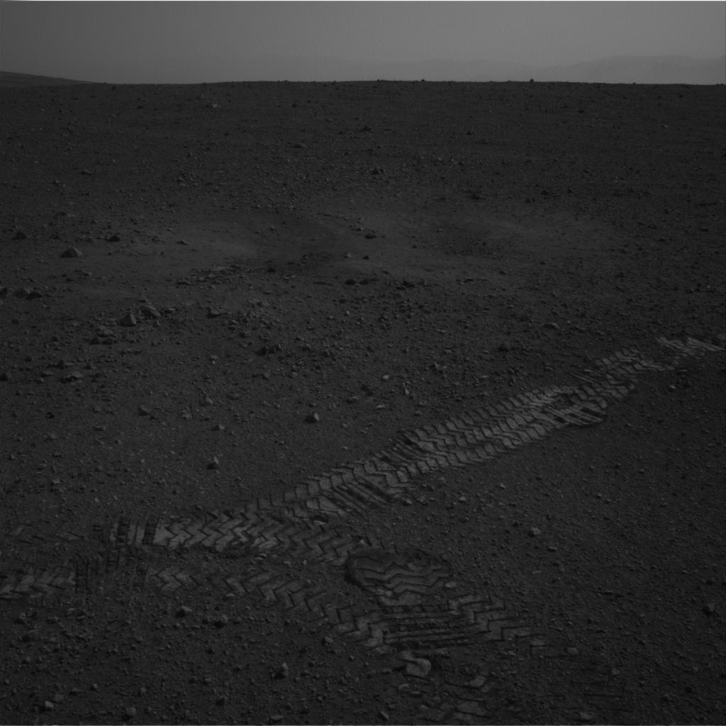 Curiosity's Tire Tracks on Mars with Horizon in Distance