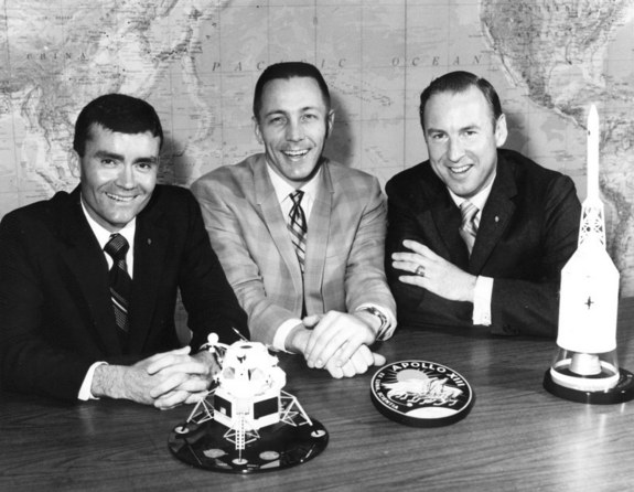 Fred Haise (left), Jack Swigert, and Jim Lovell pose on the day before launch. Swigert had just replaced Ken Mattingly as command module pilot after Mattingly was exposed to German measles.