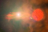 A red giant star (foreground) loses its outer layers due to solar wind and the material is accumulated by a nearby white dwarf star, which eventually triggers a supernova explosion like the observed PTF 11kx. Released Aug. 23, 2012.