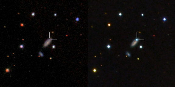 Left: Host galaxy of PTF11kx before the supernova exploded, as seen from the Sloan Digital Sky Survey. Right: The blue dot is the supernova near peak brightness, as seen with LCOGT's Faulkes Telescope North. Released Aug. 23, 2012.