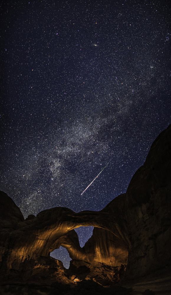 Double Arch with a Perseid Meteor and the Milky Way by Thomas O'Brien